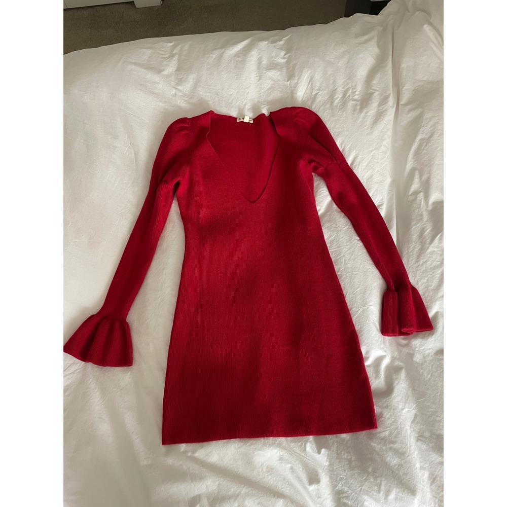 For Love & Lemons Knitz Red Oxford Ribbed Knit Bell Sleeve Sweater Dress Medium